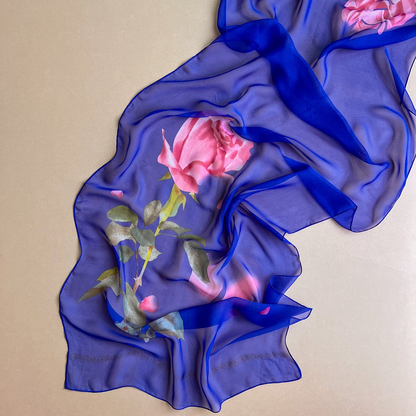 1990s Royal Blue Long Scarf With Pink Rose