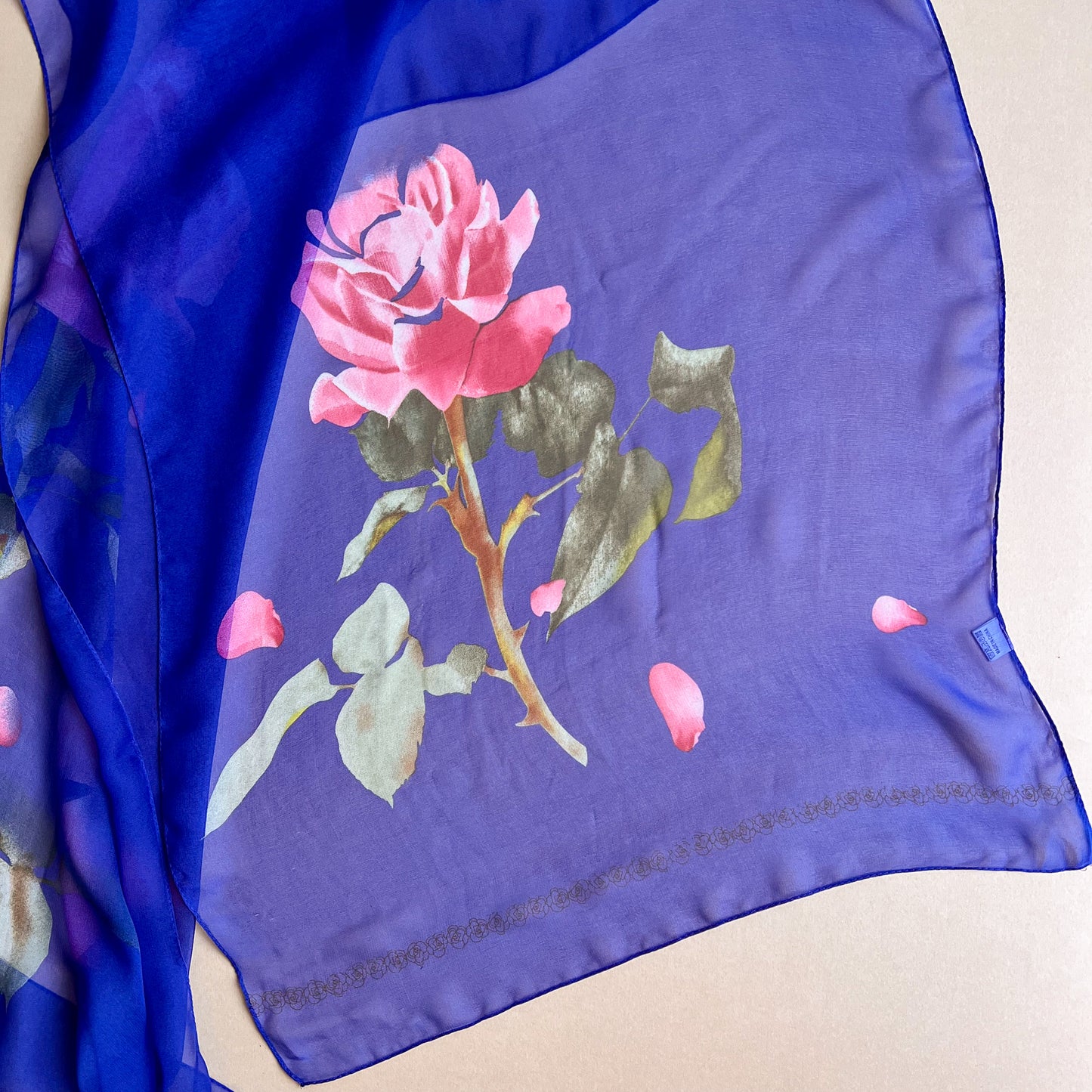 1990s Royal Blue Long Scarf With Pink Rose