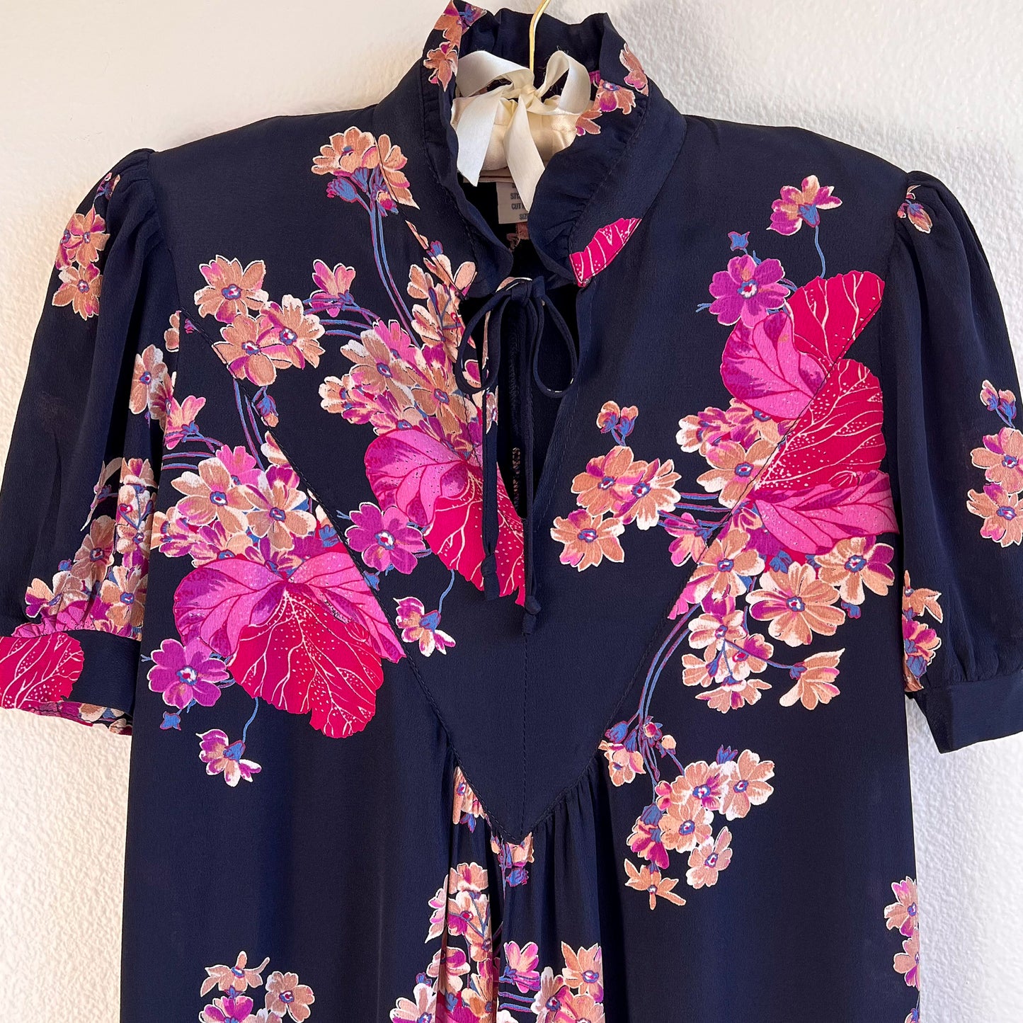 1970s Midnight Blue Dress With Purple Floral Print (S/M)