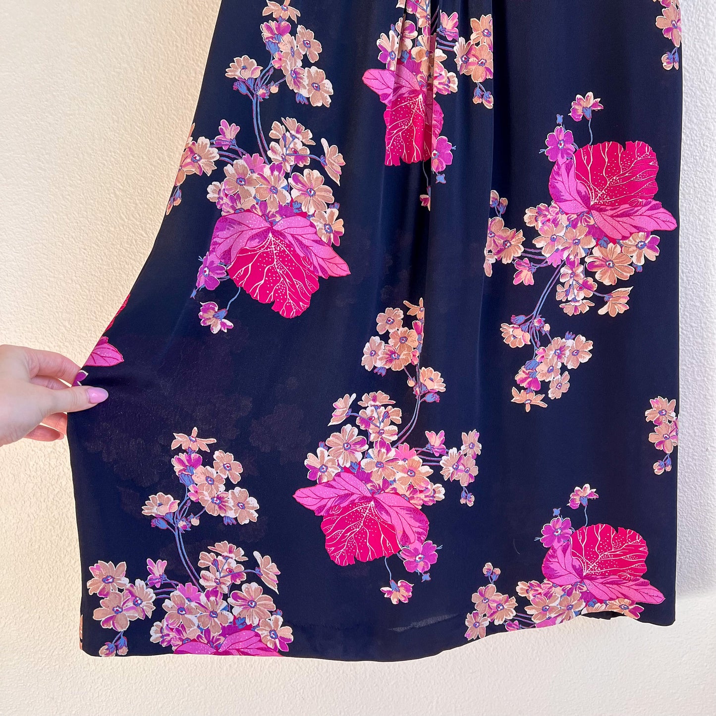 1970s Midnight Blue Dress With Purple Floral Print (S/M)