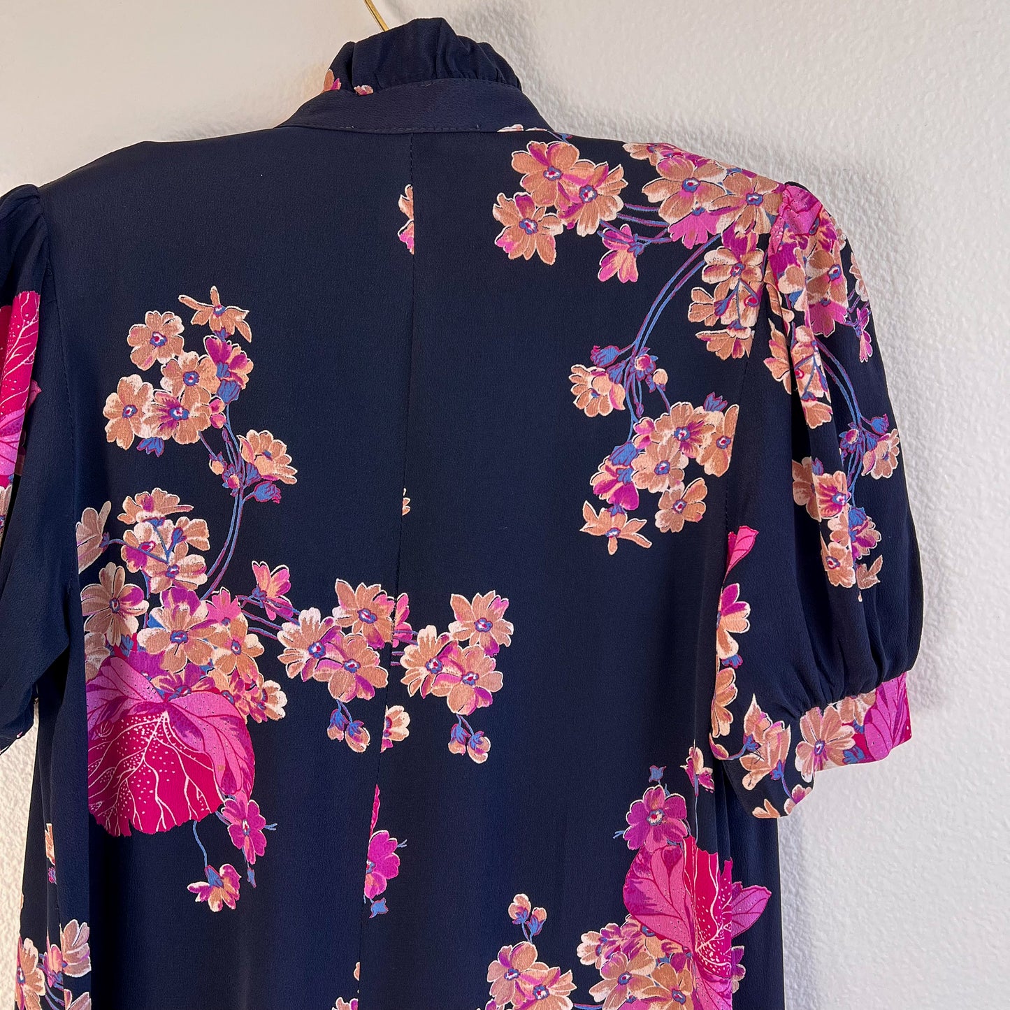 1970s Midnight Blue Dress With Purple Floral Print (S/M)