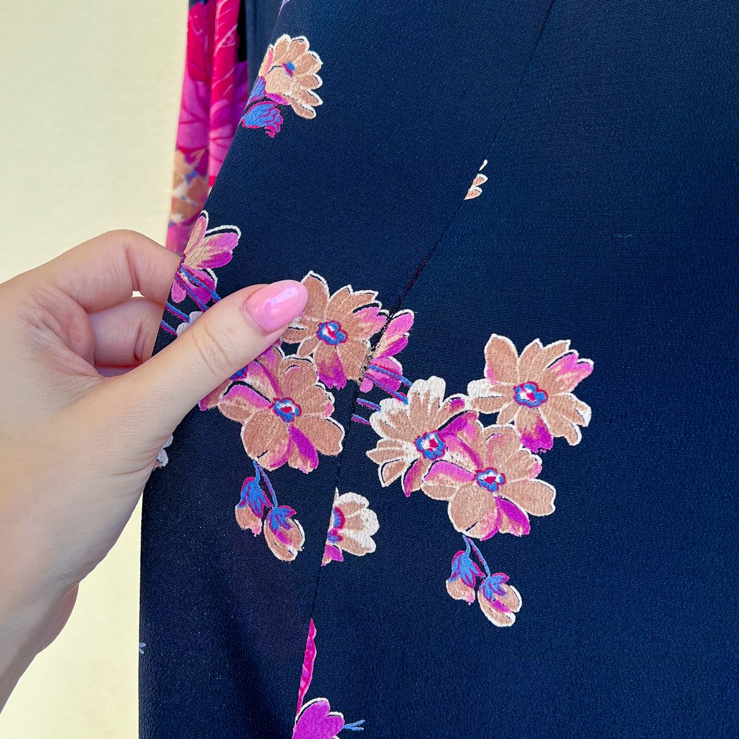 1970s Midnight Blue Dress With Purple Floral Print (S/M)