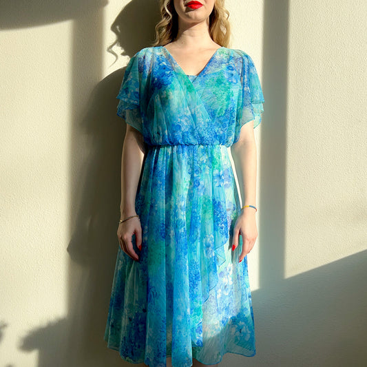 1970s Blue Floral Fluttery Chiffon Dress (S/M)