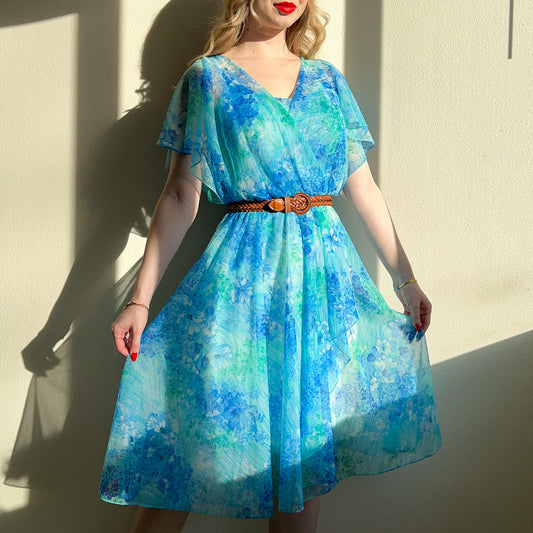 1970s Blue Floral Fluttery Chiffon Dress (S/M)