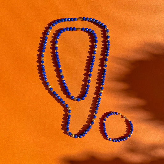 1970s Layered Blue and Gold Beaded Necklace With Bracelet