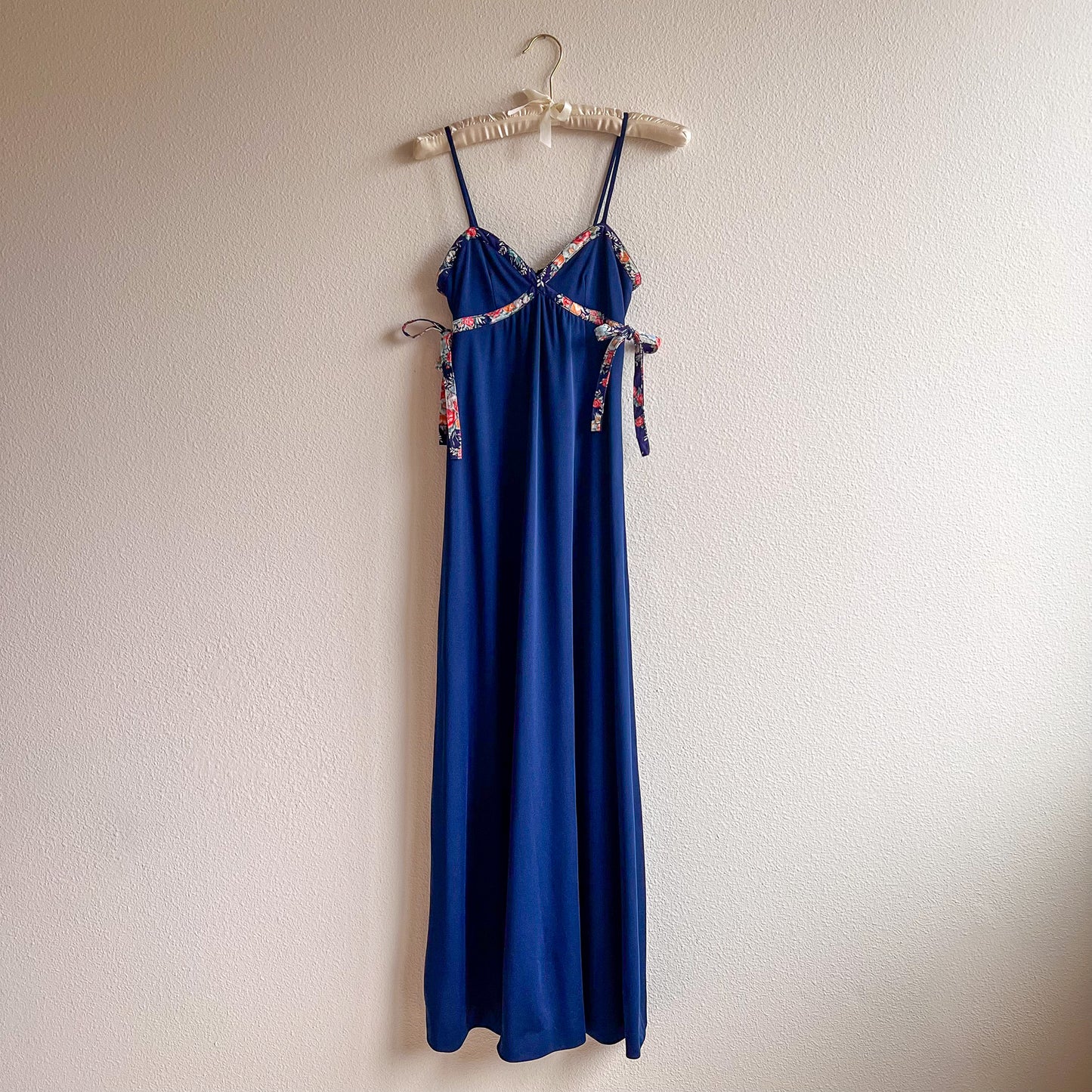 1970s Midnight Blue Maxi Dress With Floral Trim (S)