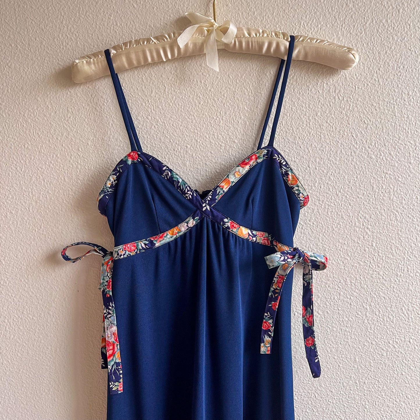 1970s Midnight Blue Maxi Dress With Floral Trim (S)