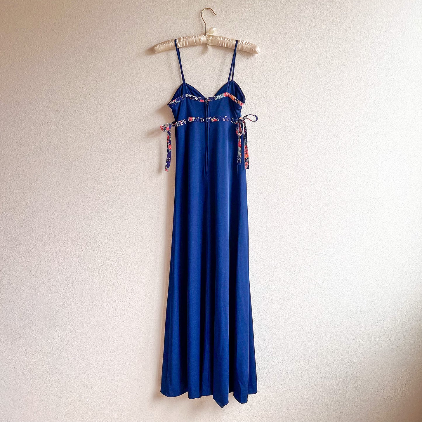 1970s Midnight Blue Maxi Dress With Floral Trim (S)
