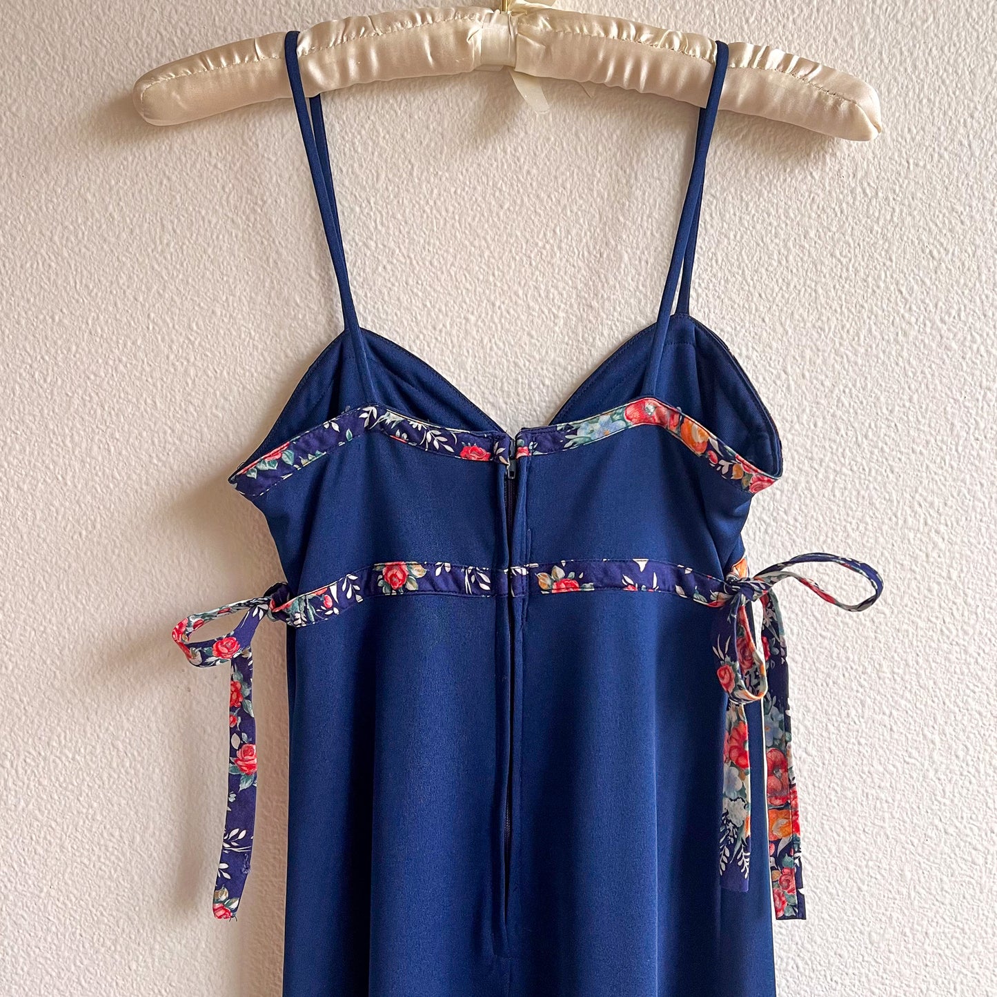 1970s Midnight Blue Maxi Dress With Floral Trim (S)