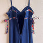 1970s Midnight Blue Maxi Dress With Floral Trim (S)