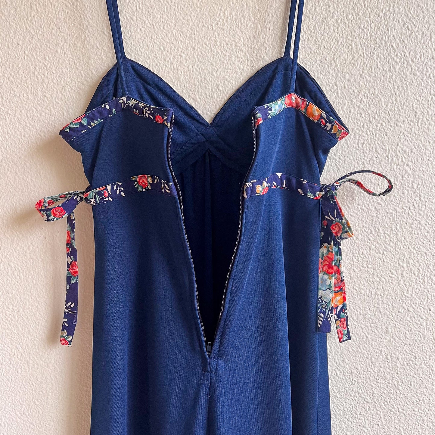1970s Midnight Blue Maxi Dress With Floral Trim (S)