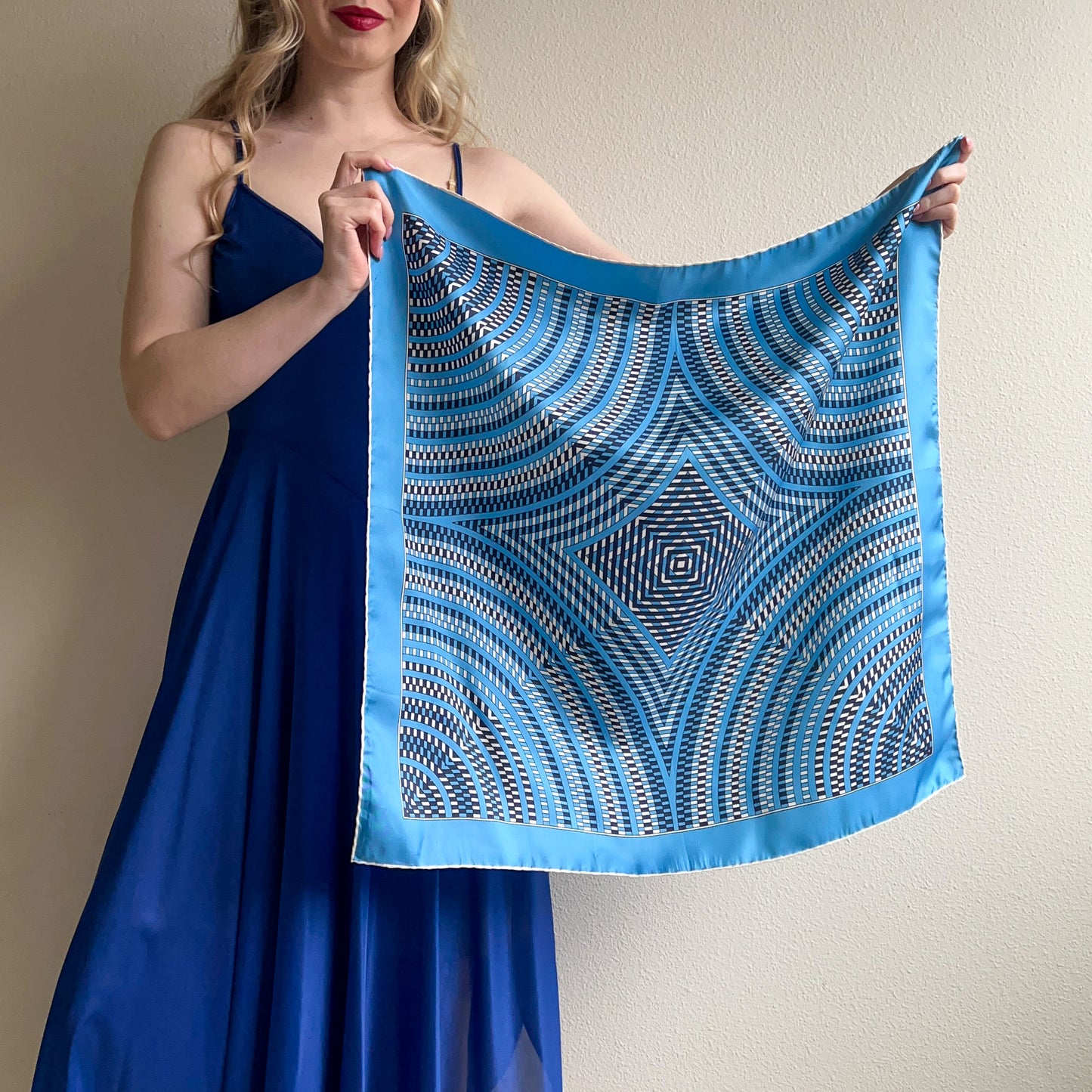 1970s Shades of Blue Pattern Silk Scarf