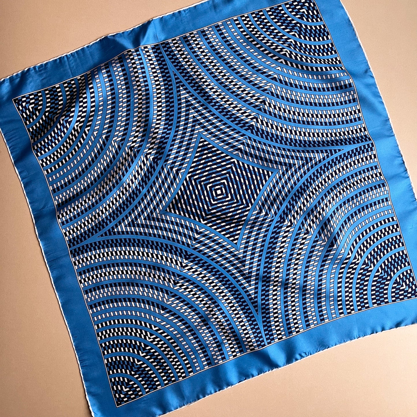 1970s Shades of Blue Pattern Silk Scarf