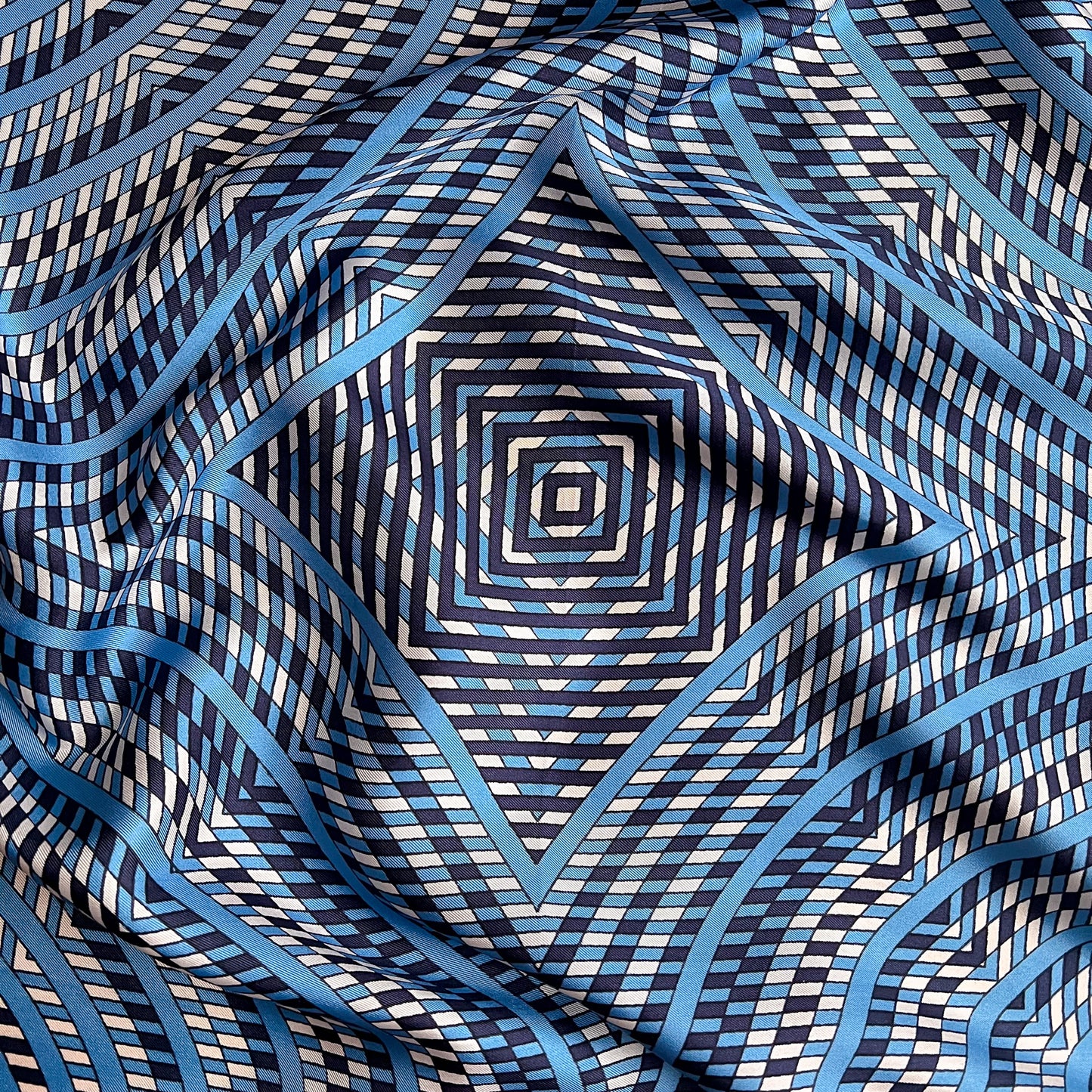 1970s Shades of Blue Pattern Silk Scarf