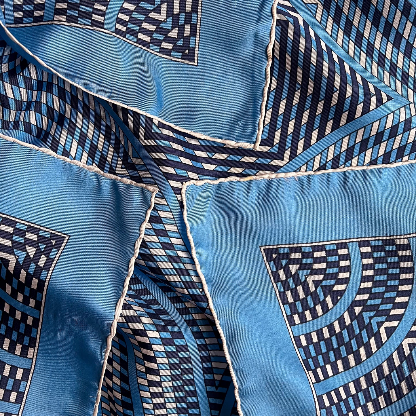 1970s Shades of Blue Pattern Silk Scarf
