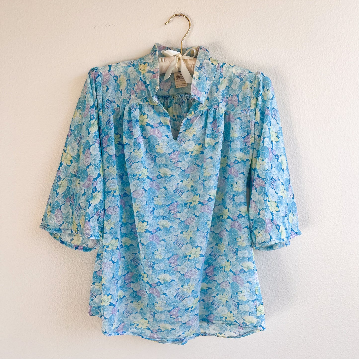 1970s Cyan Blue Floral Breezy Blouse (M)