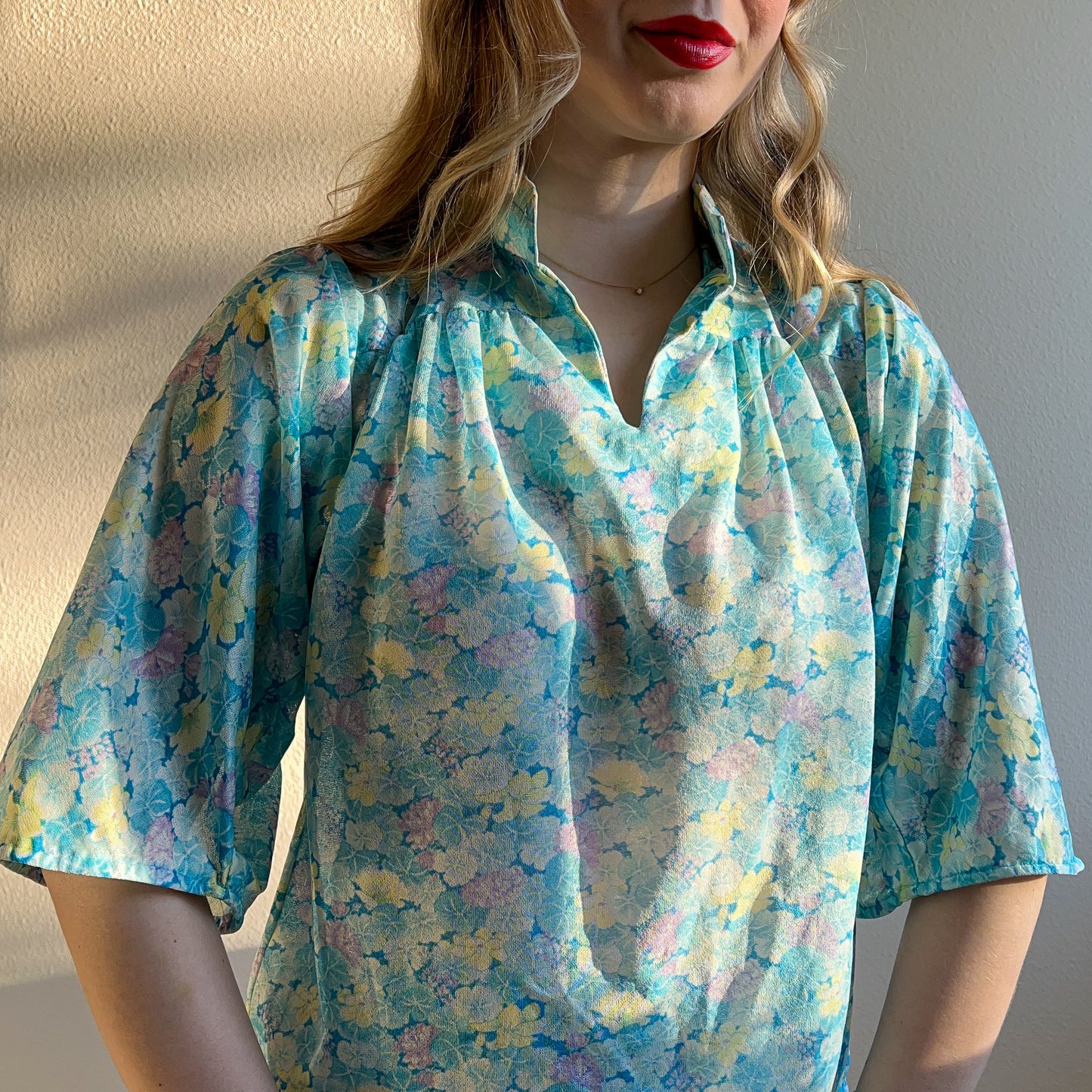 1970s Cyan Blue Floral Breezy Blouse (M)
