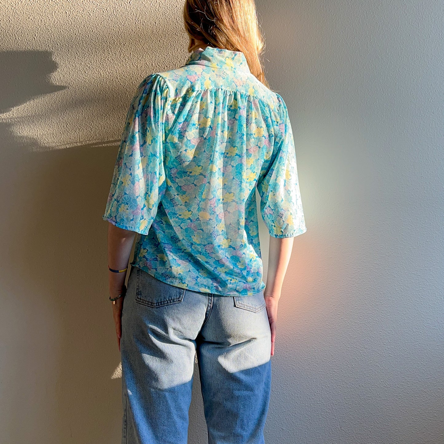 1970s Cyan Blue Floral Breezy Blouse (M)