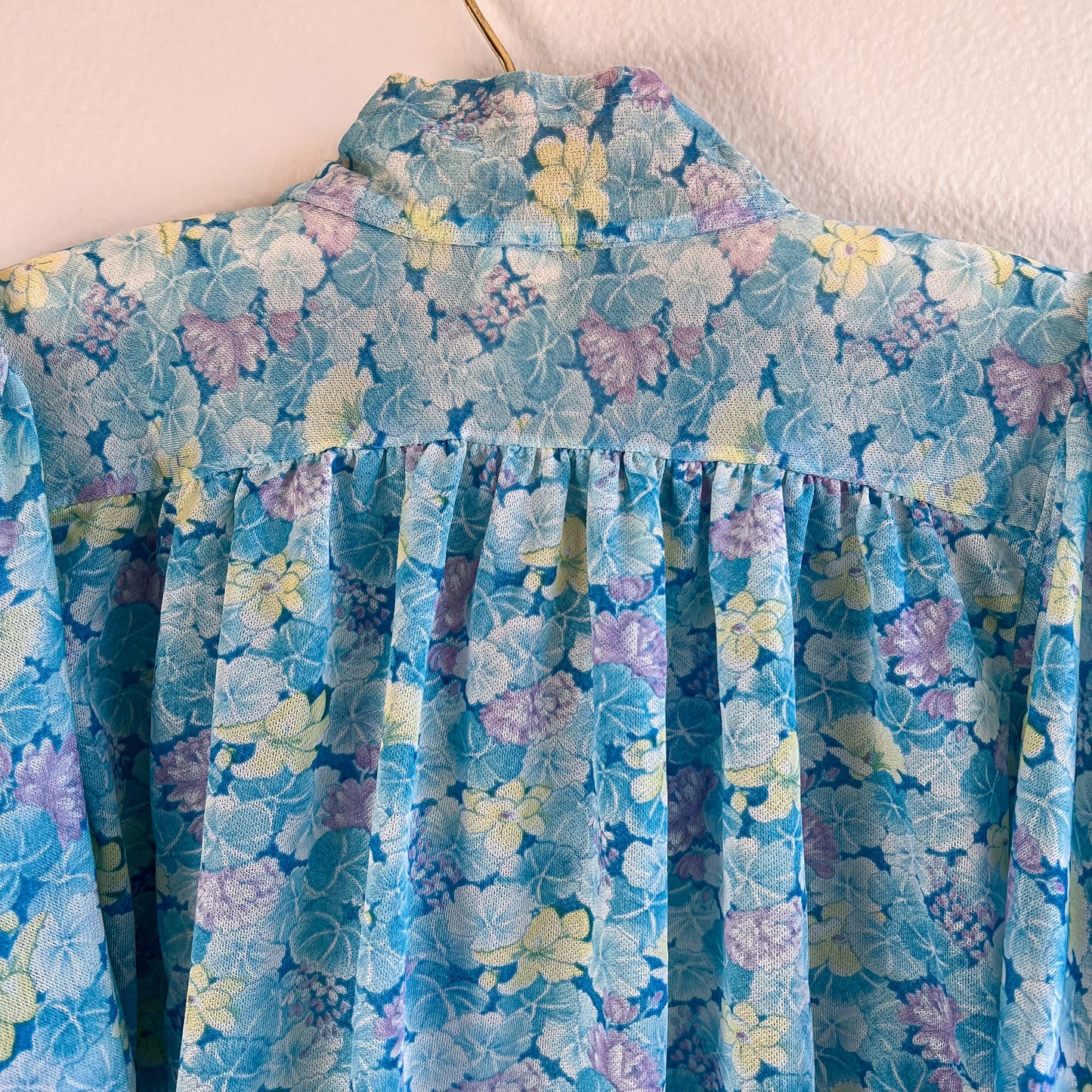 1970s Cyan Blue Floral Breezy Blouse (M)