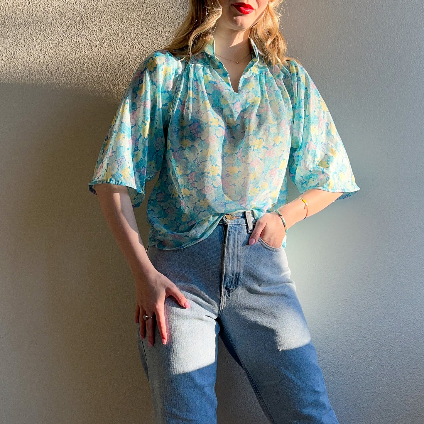 1970s Cyan Blue Floral Breezy Blouse (M)