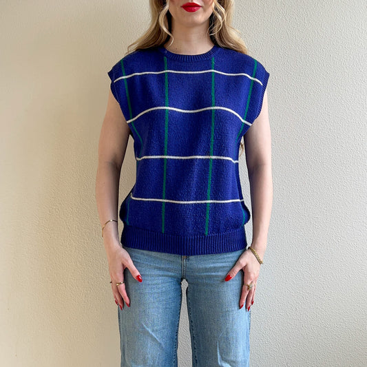 1970s Blue Sweater Vest With Green and White Grid (M/L)