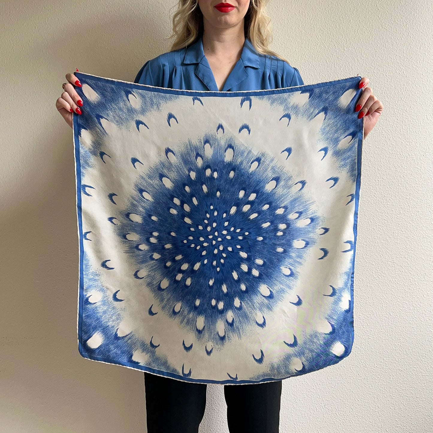 1970s Blue and White Starburst Print Silk Scarf