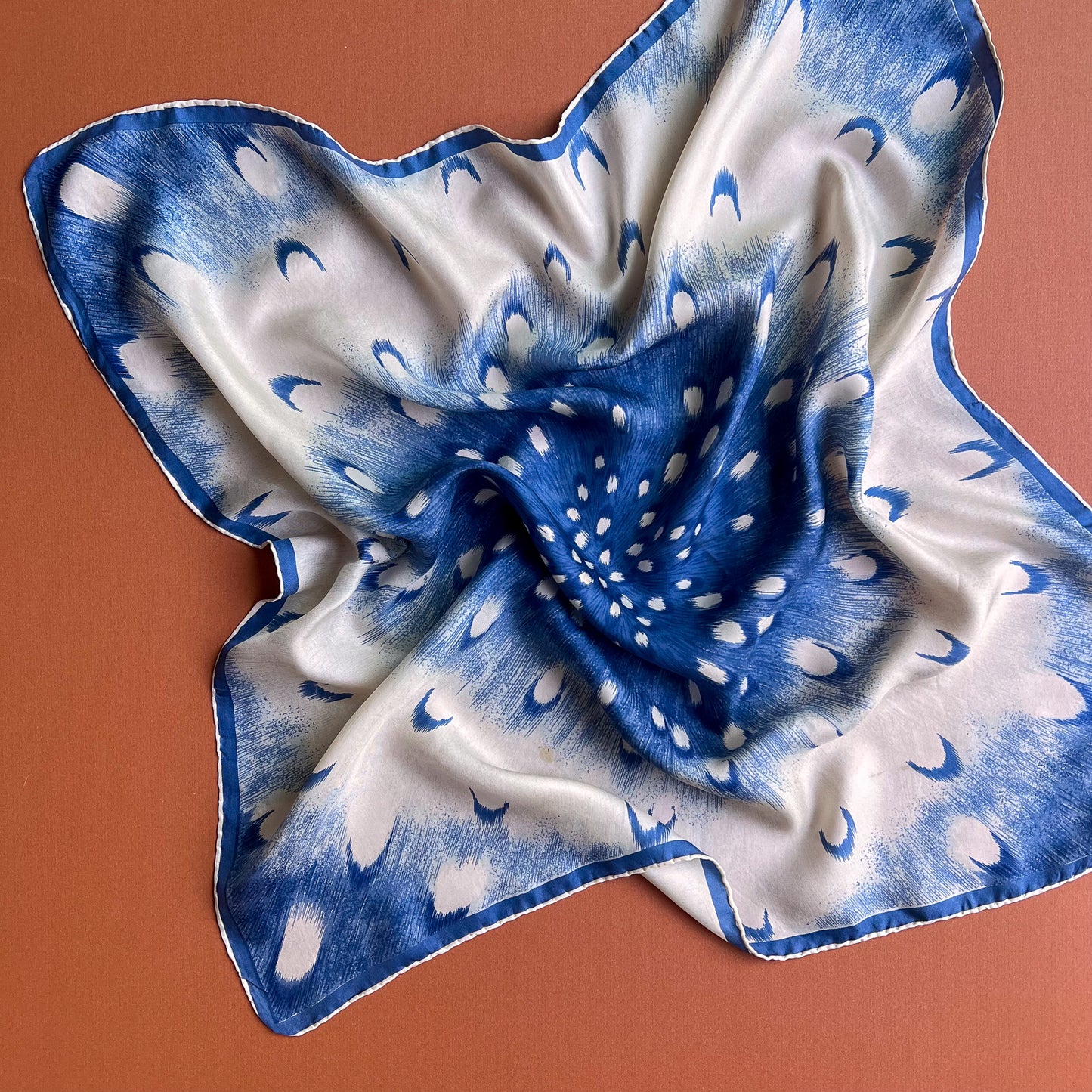 1970s Blue and White Starburst Print Silk Scarf