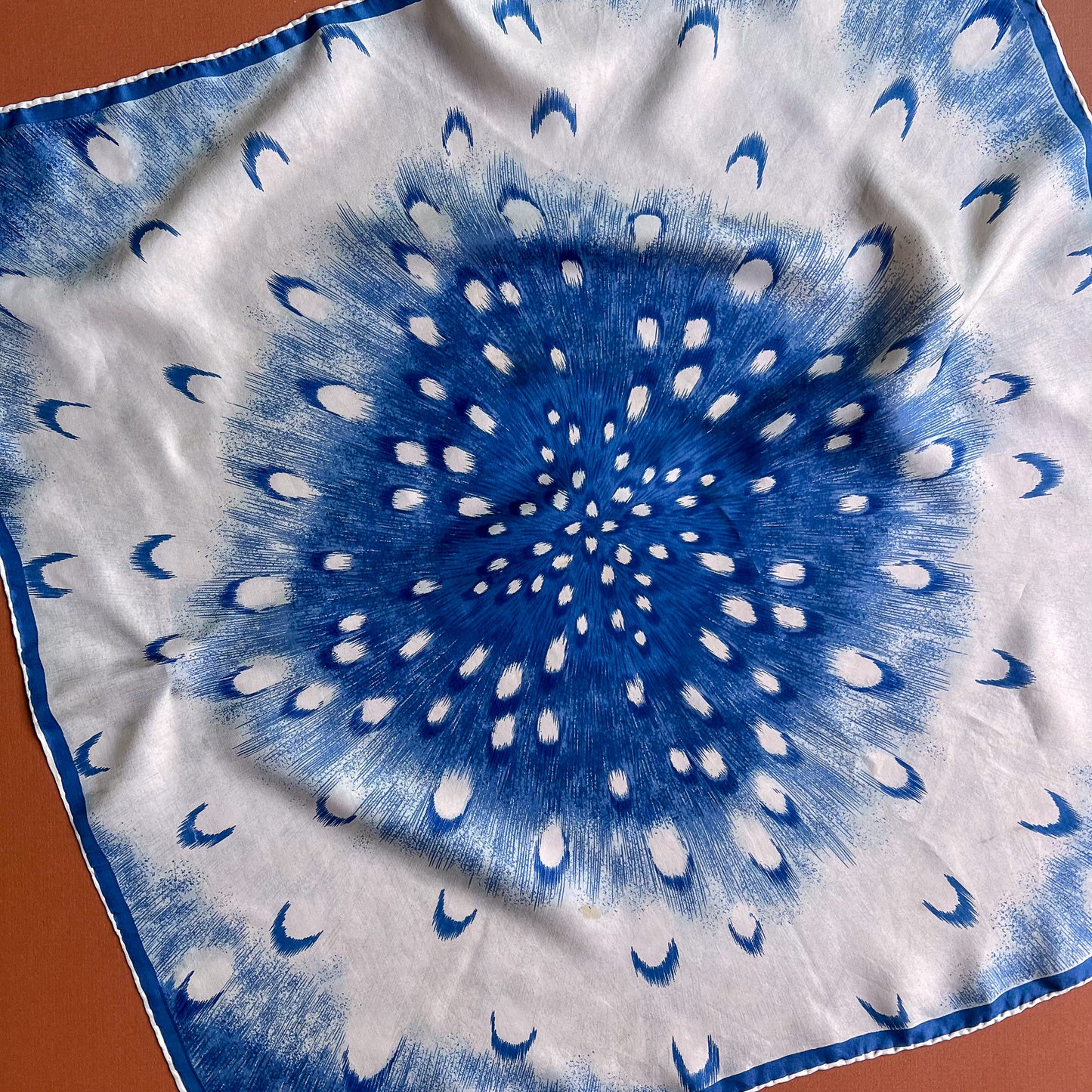 1970s Blue and White Starburst Print Silk Scarf