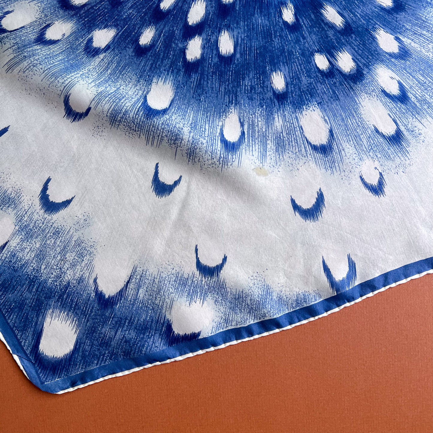 1970s Blue and White Starburst Print Silk Scarf
