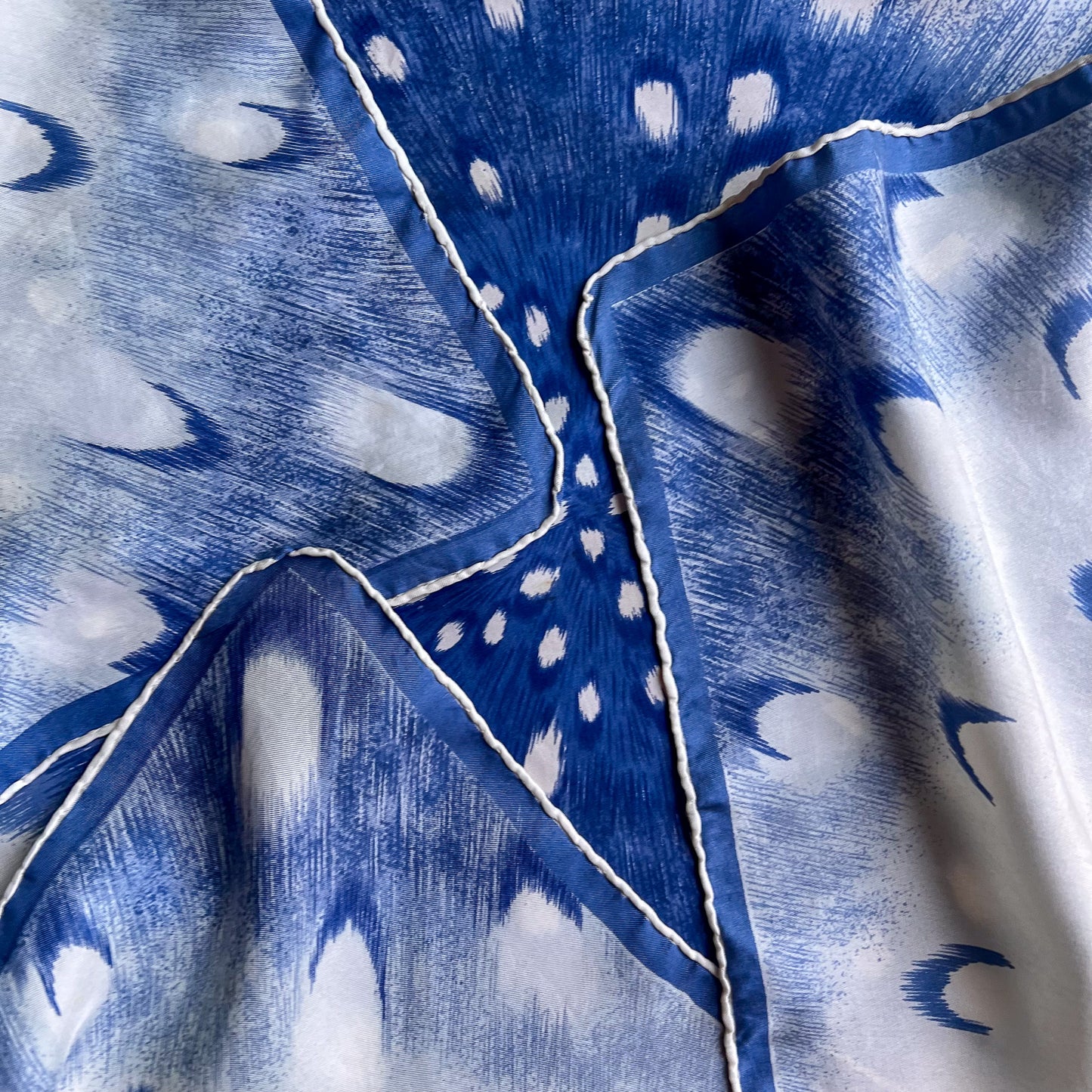 1970s Blue and White Starburst Print Silk Scarf