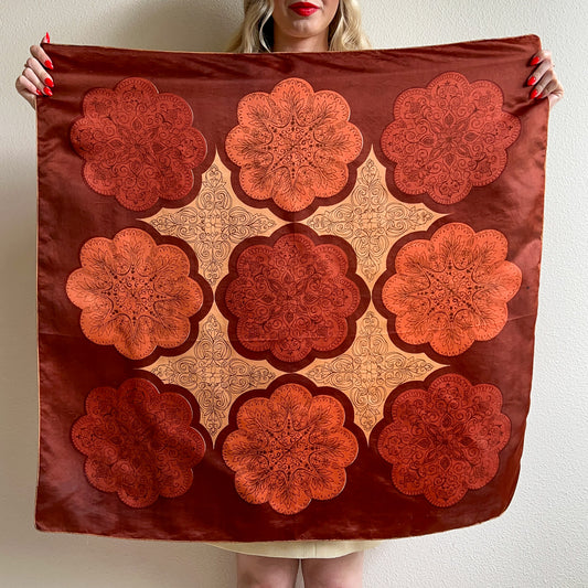 1970s Brown Abstract Print Silk Scarf