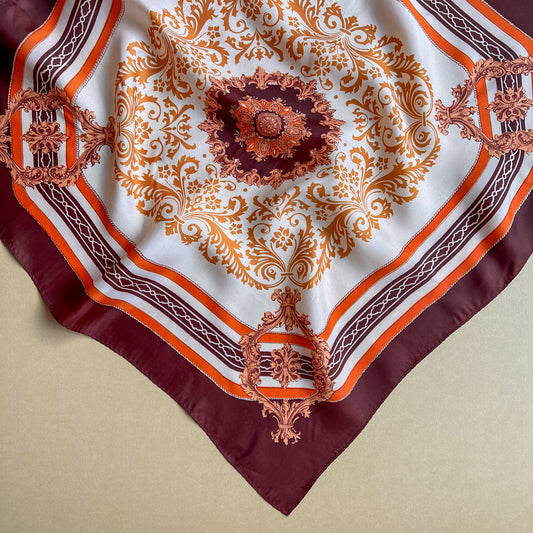 1970s Brown and Orange Damask Pattern Scarf