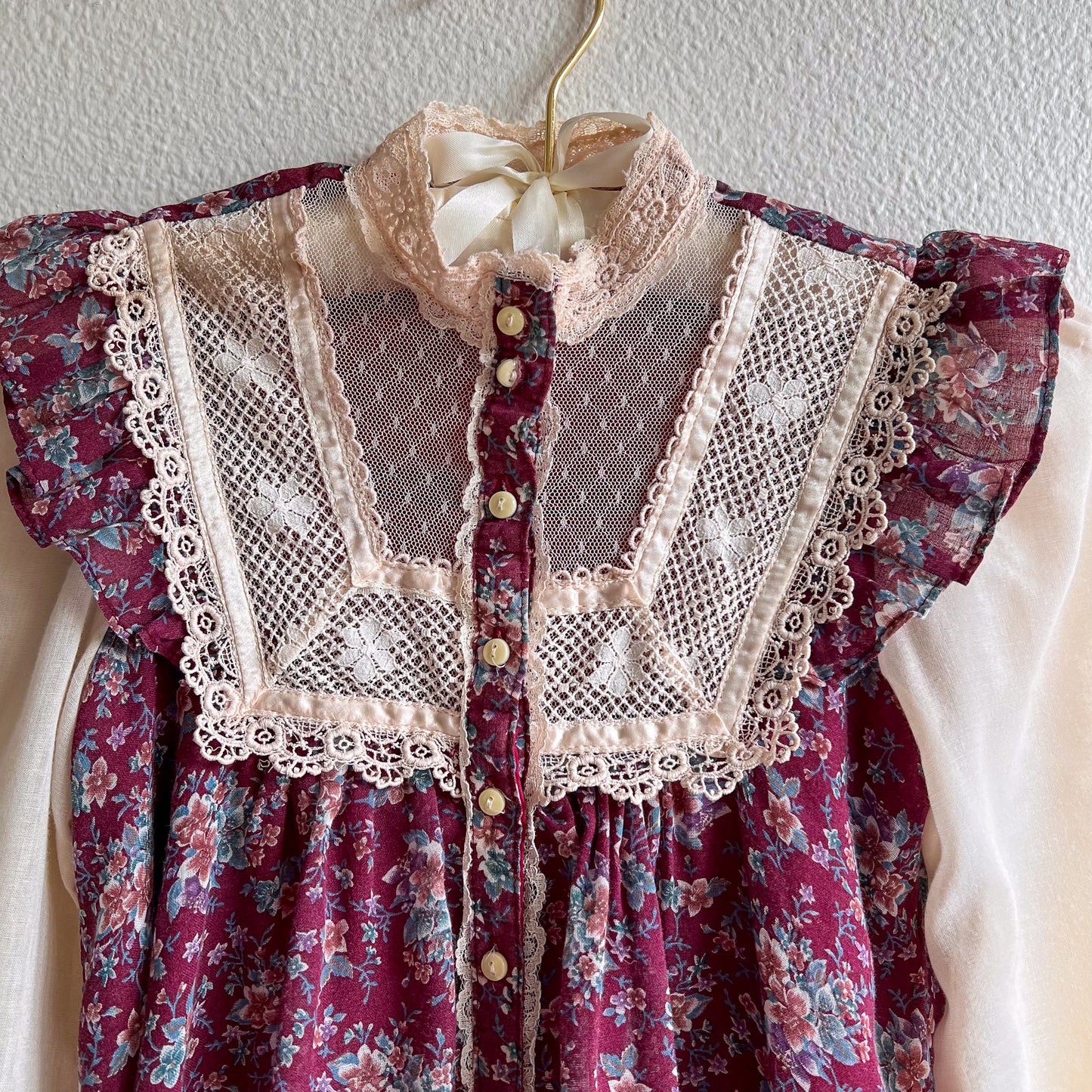 1970s Burgundy Florals Gunne Sax Dress (XXS)