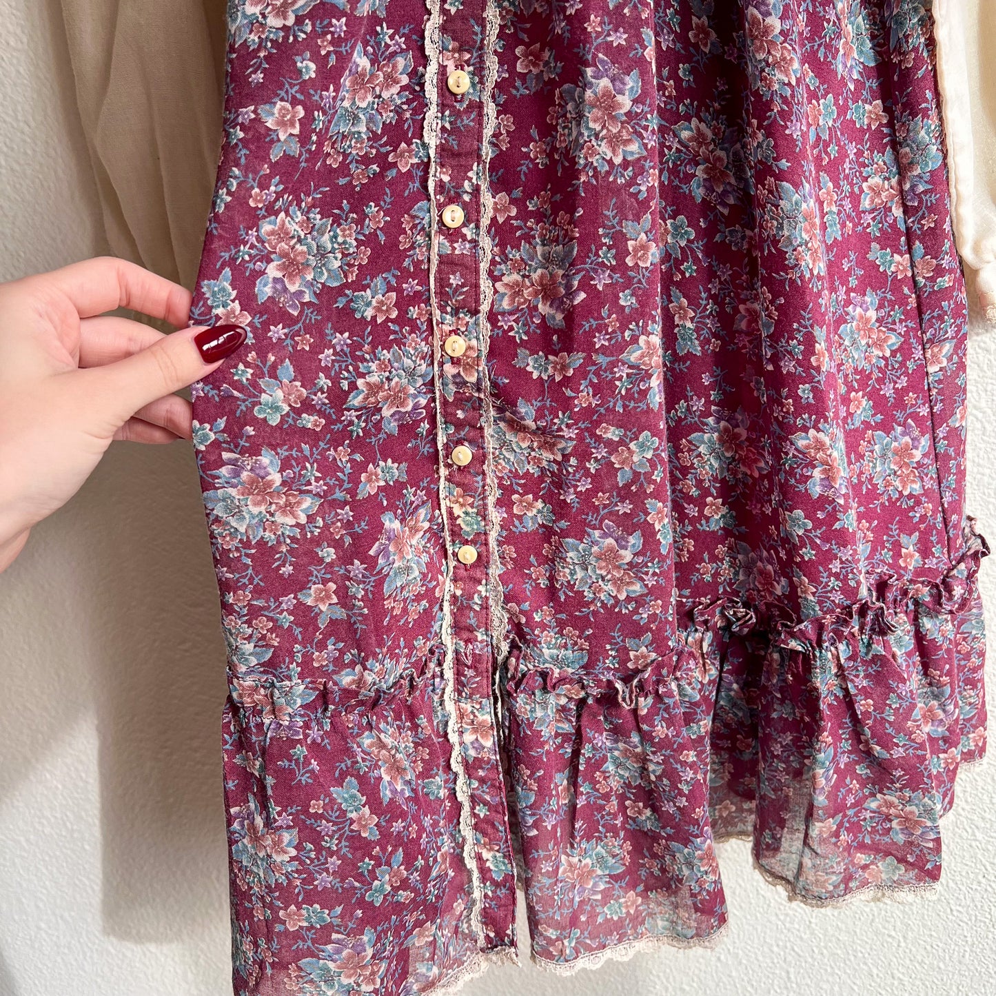 1970s Burgundy Florals Gunne Sax Dress (XXS)