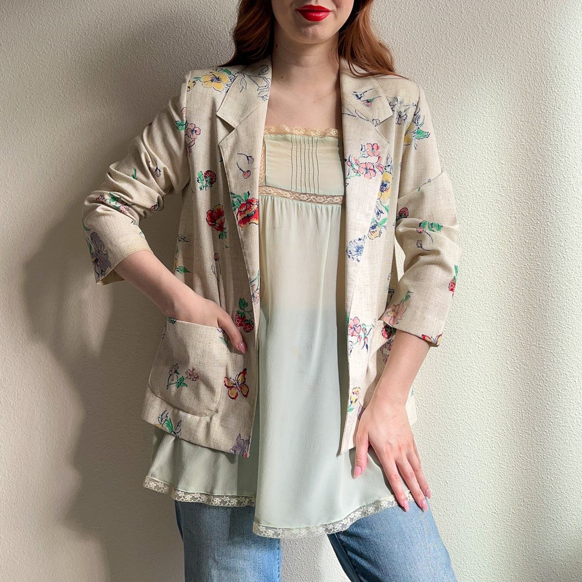 1970s Cream Blazer With Summer Florals (M/L)