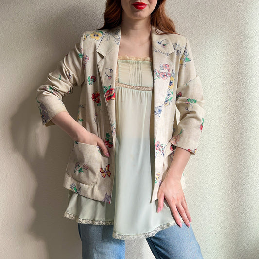 1970s Cream Blazer With Summer Florals (M/L)