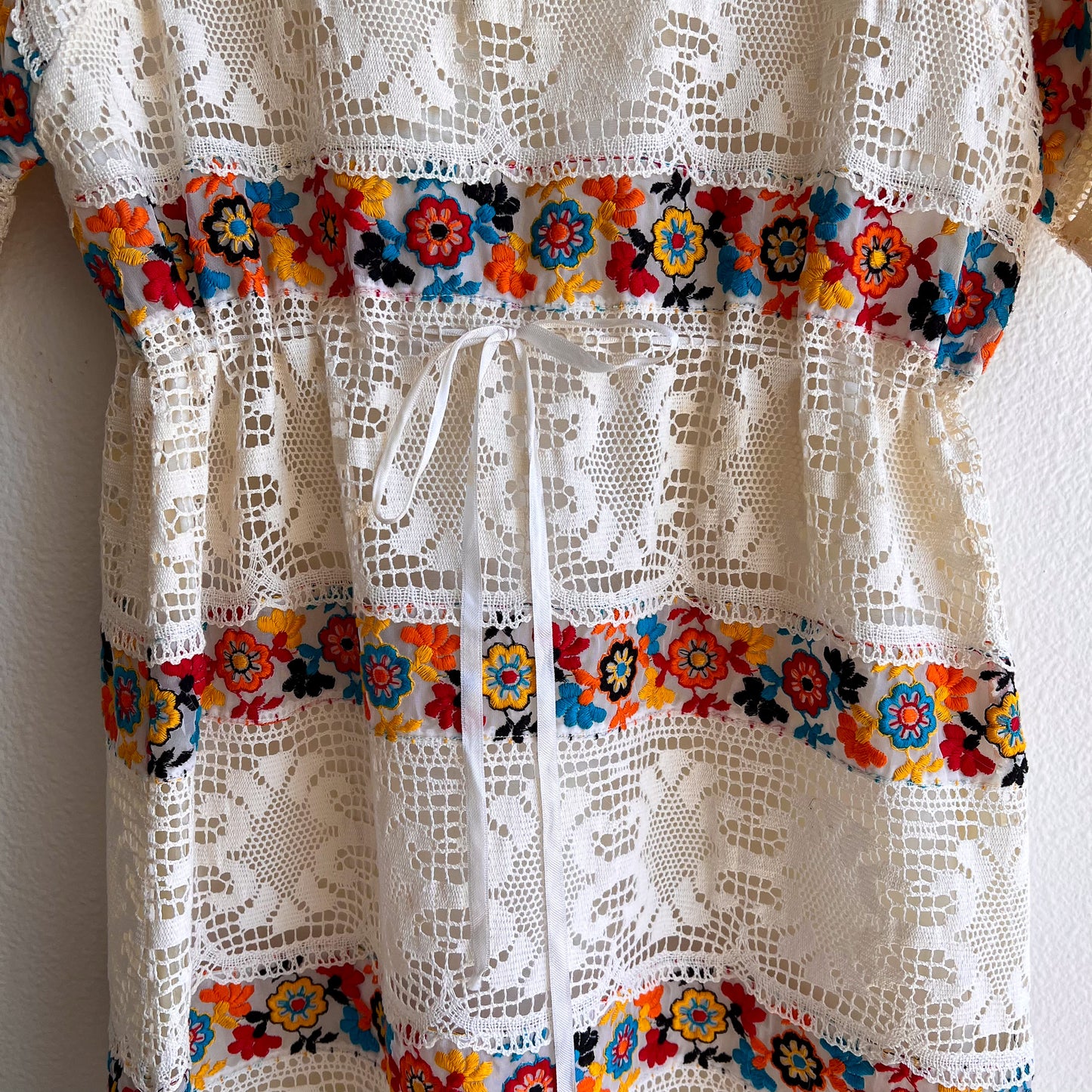 1970s Crochet Summer Dress With Floral Embroidery (S/M)
