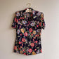 1970s Navy Flowers and Bugs Print Short Sleeve Blouse (S/M)