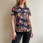 1970s Navy Flowers and Bugs Print Short Sleeve Blouse (S/M)