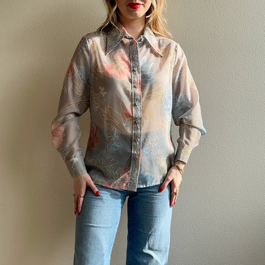 1970s Gray Sheer Blouse with Pink and Blue Florals (M/L)