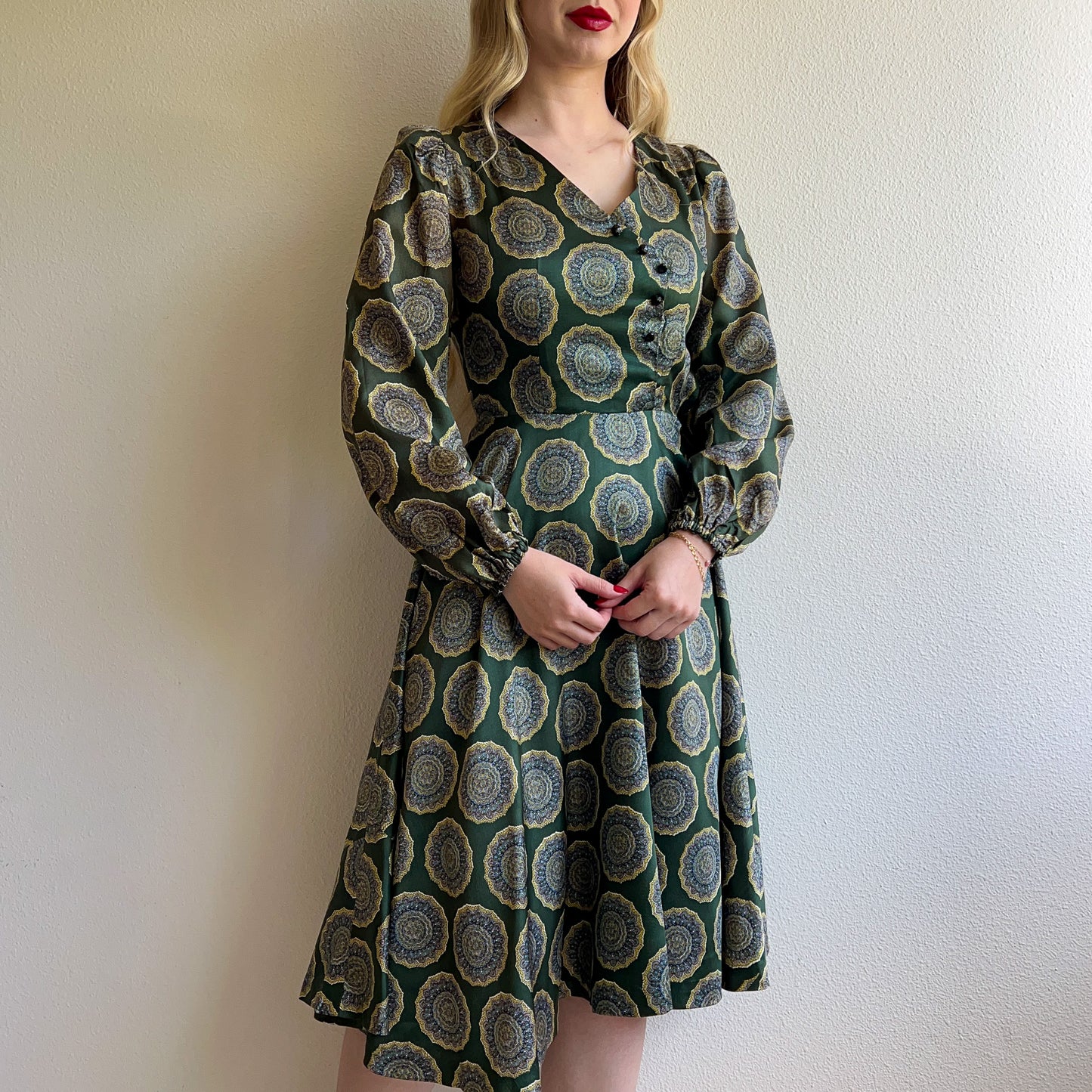Gorgeous 1970s Forest Green Printed Party Dress (XS)