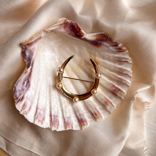 1970s Lucky Horseshoe Brooch With Pearls