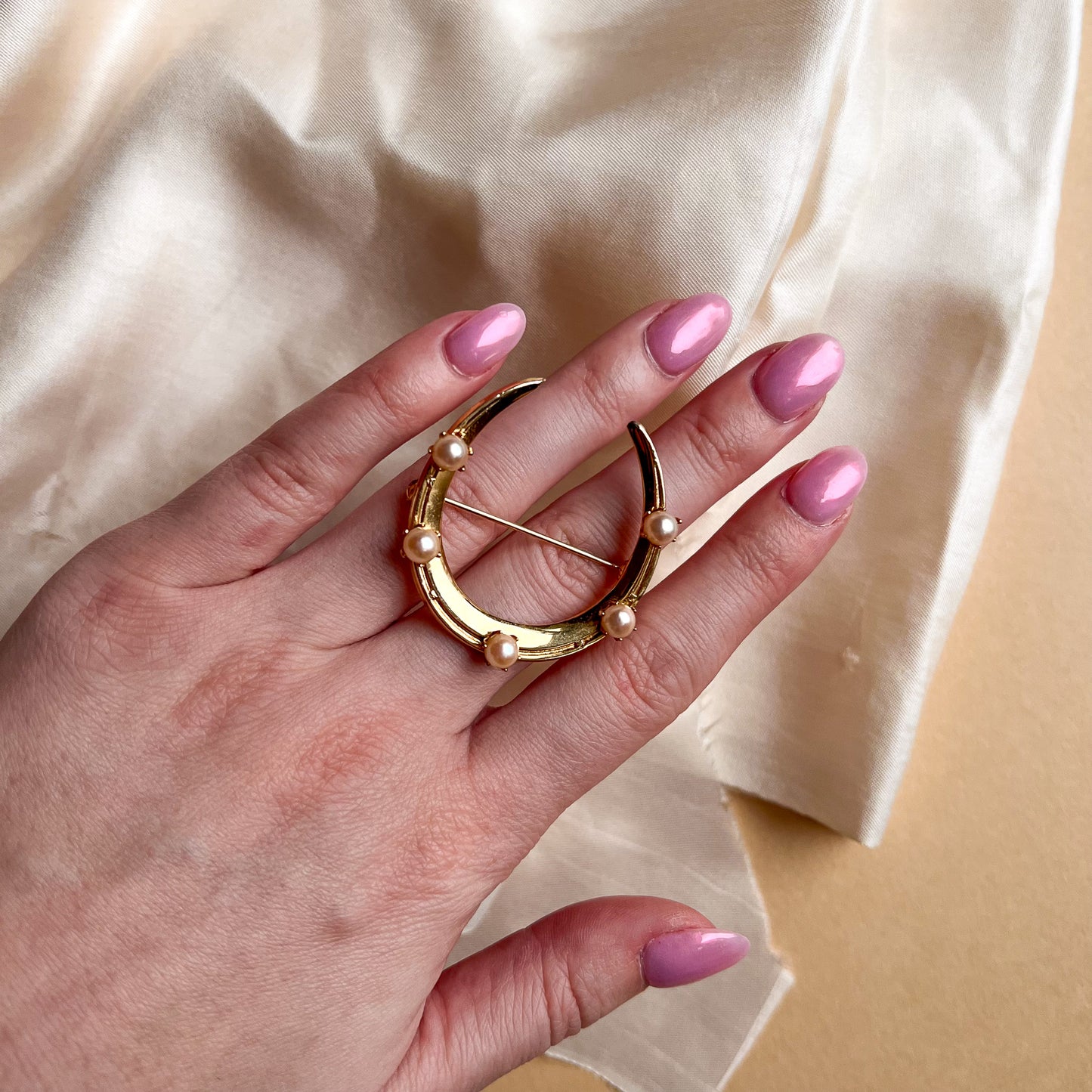 1970s Lucky Horseshoe Brooch With Pearls