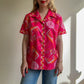 1970s Hot Pink Novelty Print Short Sleeve Blouse (L/XL)