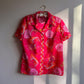 1970s Hot Pink Novelty Print Short Sleeve Blouse (L/XL)