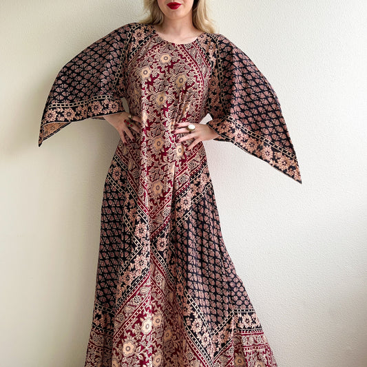 1970s Indian Cotton Block Printed Maxi Dress (L/XL)