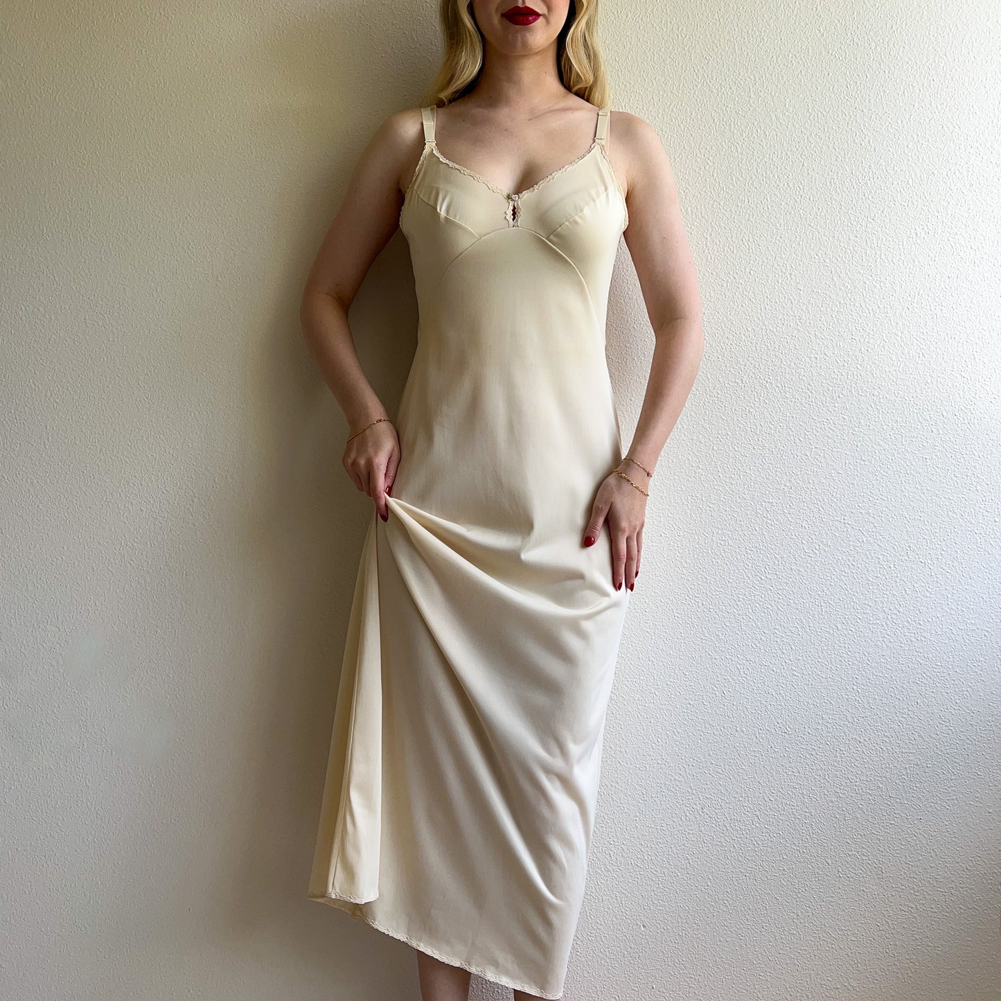 1970s Light Cream Nylon Maxi Slip Dress (M)