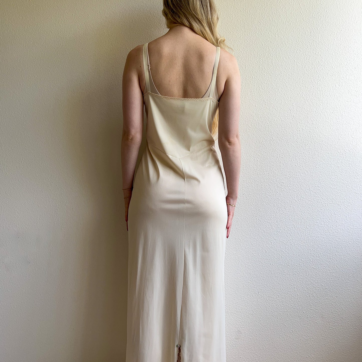 1970s Light Cream Nylon Maxi Slip Dress (M)
