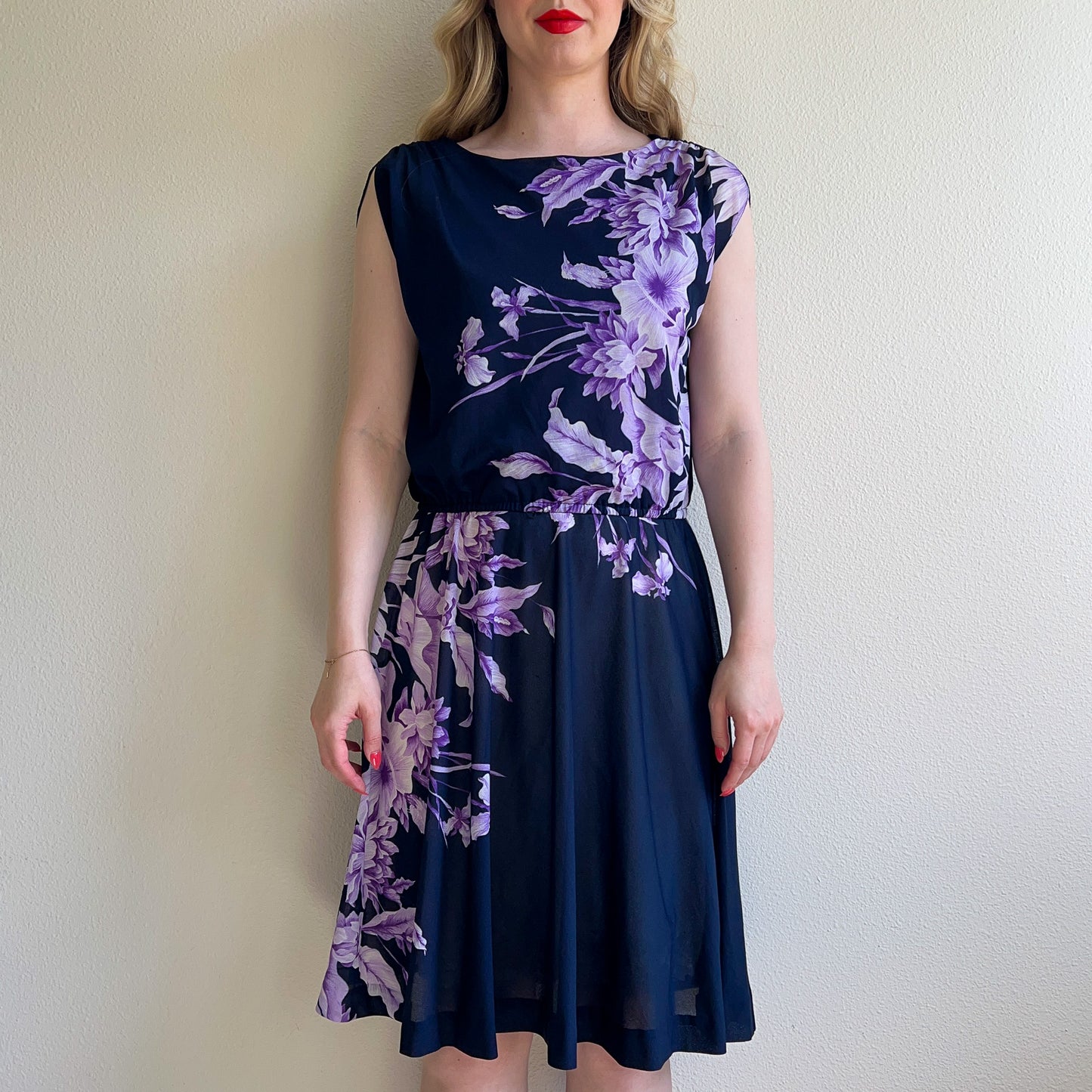 1970s Navy Summer Dress With Purple Floral Print (M/L)