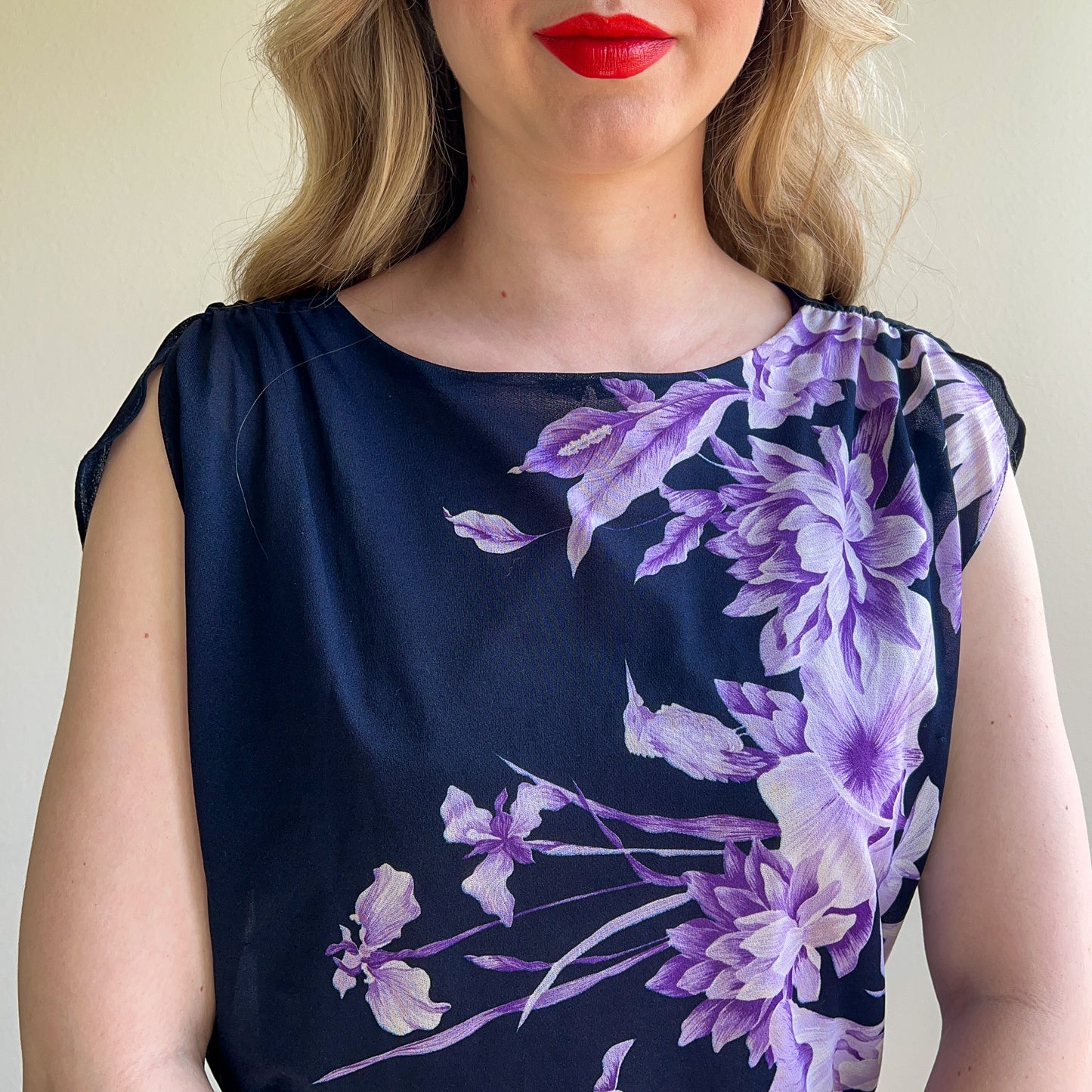 1970s Navy Summer Dress With Purple Floral Print (M/L)